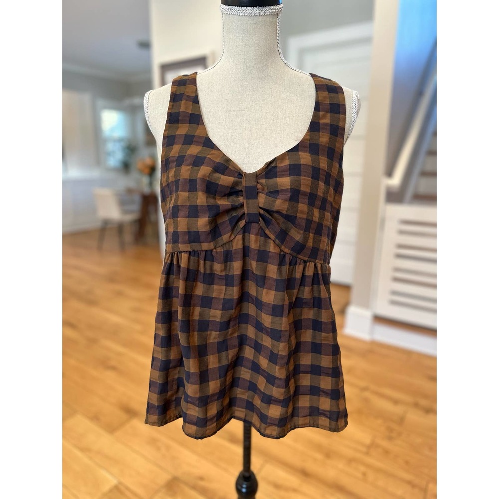 Anthropologie Maeve Plaid Baby Doll Tank Top Blouse Brown + Black Size 14